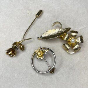 Vintage Gold Tone Floral Stick Pin & Brooch Lot Rose, Daisy, Leaf Retro Jewelry